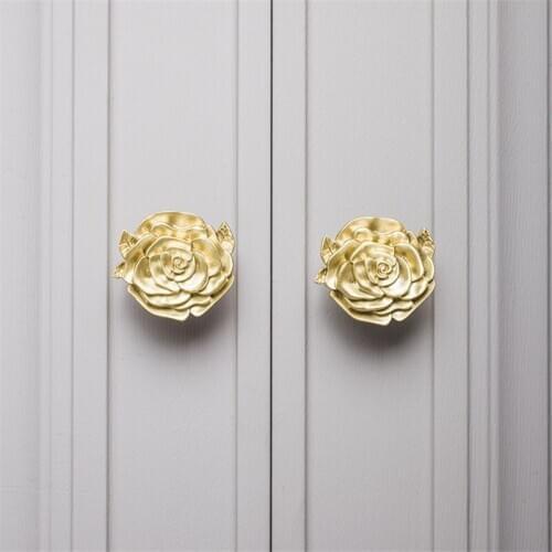 Classic Rose Flower Brass Handle Luxury Golden Drawer Cupboard Wardrobe Door Knobs Diy Single Hole Knob Furniture Handles