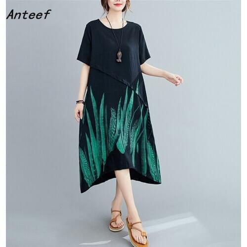 Black cotton plus size vintage floral women casual loose long summer dress elegant clothes 2020 ladies dresses sundress for