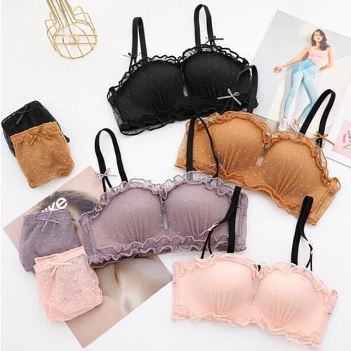 Roseheart Women Fashion Purple Pink Sexy Lingerie Wireless Bra Sets Lace Trim Cotton Panties Briefs Women Underwear Lovely A B