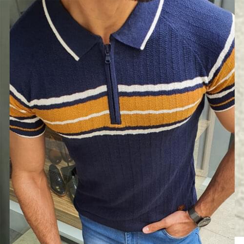 Vintage Striped Print Mens Polo Shirt Summer Short Sleeve Knitted T Shirts Casual Turn-down Collar Zipper Tops For Men Clothing