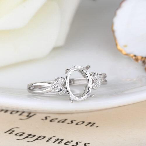 Sterling Silver 925 White Gold Color Engagement Wedding Ring for 7x9mm Oval Cabochon Amber Opal Turquoise Setting DIY Stone