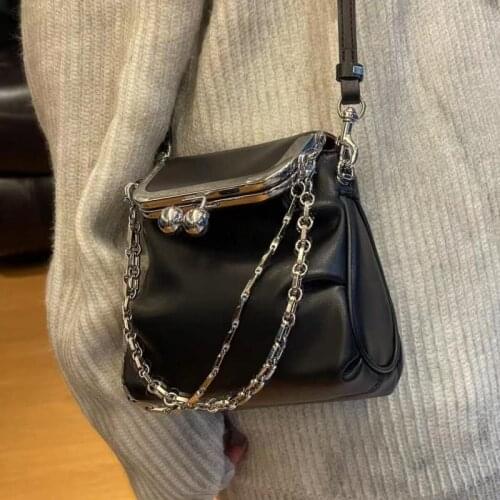 Genuine Leather Chains Crossbody Bags for Women Fashion Kisslock Clip Shoulder Bag Womens Bags Casual Solid Small Women Handbag