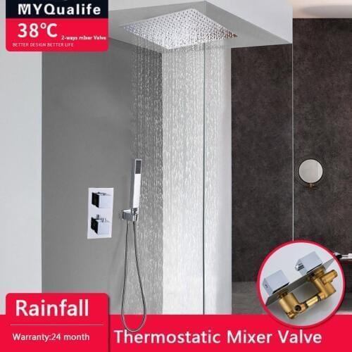 Thermostatic Shower Faucet Set Chrome Dual Handle Rainfall Bathroom Shower Tap with Handshower 2-Ways Thermostatic Mixer Valve