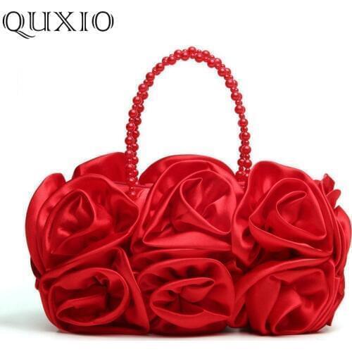 Red Flower Rose Bush Women Satin Evening Bags Beaded Handle Totes Bag Wedding Handbag Bridal Clutch Elegant Ladies Party Purse