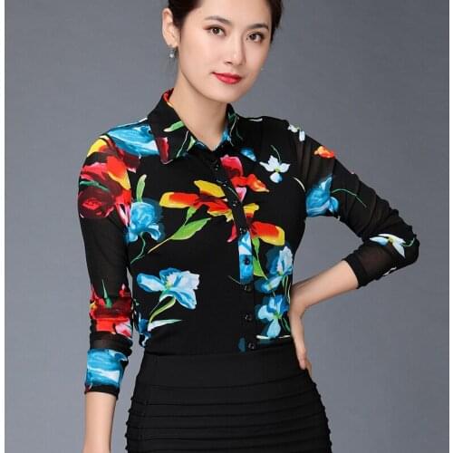 2019 Spring Fall Fashion Women Office Floral Print Long Sleeve Mesh Blouses And Tops , Shirts For Woman , Womens 4xl Blouse Top