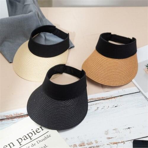 2021 Summer Empty Top Suncap Portable Foldable Magic Tape Roll Up Beach Hat Wide Brim Women Sun Hat Fashion Casual Straw Cap