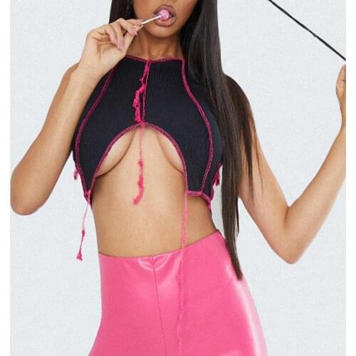 Women Vest Sleeveless Ribbed Streetwear Crop Top O Neck Slit Hem Short Tank Top for Summer