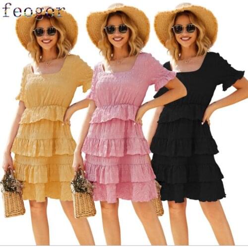 FEOGOR 2021 spring and summer new casual womens pure color square collar short-sleeved layered ruffled dress Short dress