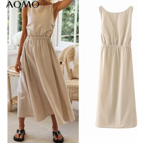AOMO Women Solid Backless Pink Midi Dress Strap Adjust Sleeveless 2021 Fashion Lady Beach Dresses Vestido 4T96A