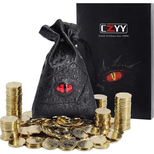 DND Fantasy Coins 50 Antique Gold Metal Treasure Tokens with Leather Pouch - Gaming Loot, Accessories & Props