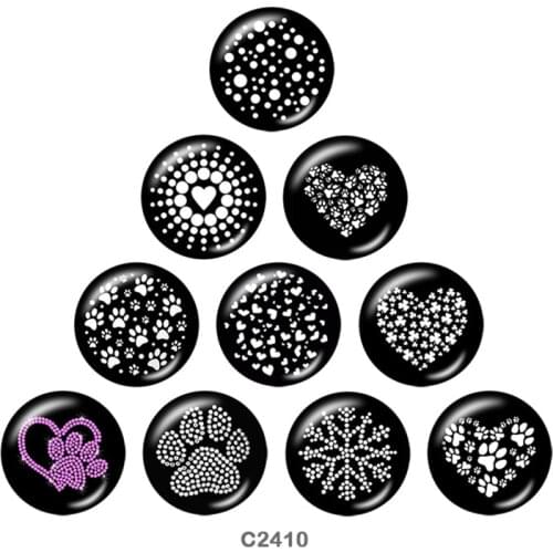 Paw love Black and white Round glass cabochon Fridge stickers snap button jewelry 10pcs/set C2410