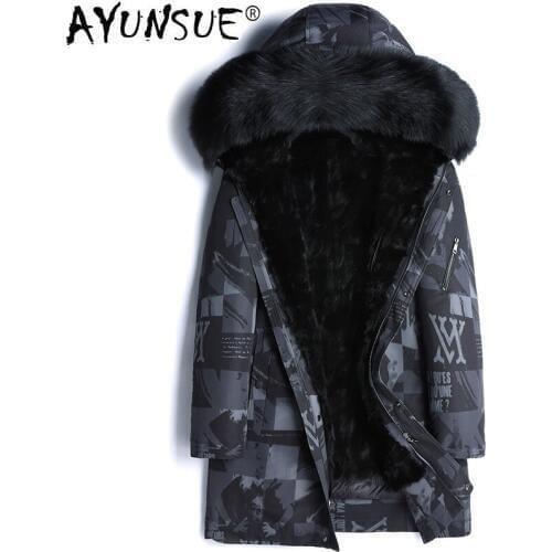 AYUNSUE Real Fur Parka Winter Jacket Men Mink Fur Liner Mens Fur Coat Fox Fur Collar Plus Size Down Jacket Mink 4667 KJ2976