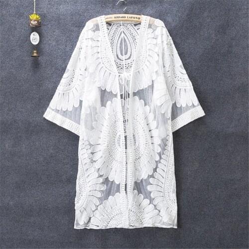 Bikini Women beach cover up Embroidery Half Sleeve Chiffon Kimono Cardigan Cover-Ups Tops White beach Wear