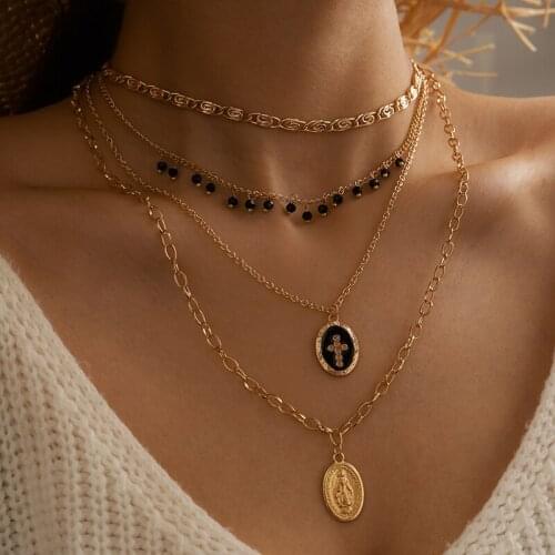 Docona Bohemian Cross Portrait Pendant Necklace for Women Simple Seed Beaded Multilayer Necklaces Ladies Wedding Jewelry 15200