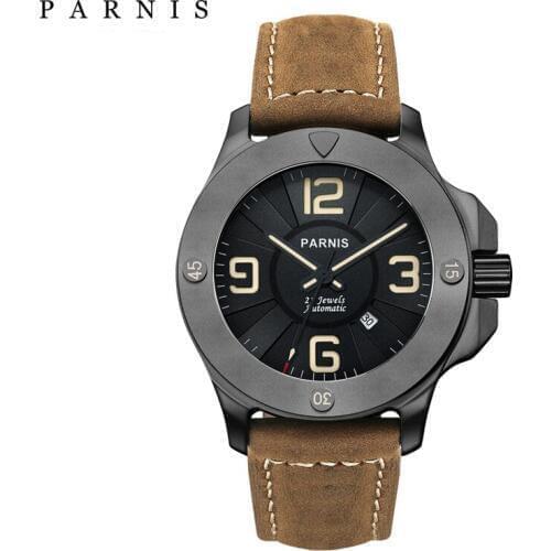Parnis 47mm Military Mechanical Mens Watch Luxury Sapphire Crystal Luminous Calendar Clock Leather Band Automatic Watch