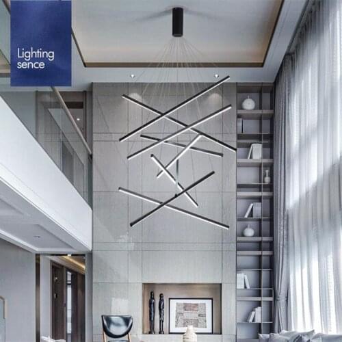 Black Stair Chandelier simple modern duplex building high-rise empty living room hall creative personality long LED line lamp