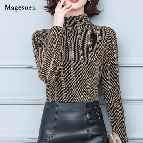 Elegant Striped Elastic Slim Tops Bright Silk Half High Collar T-shirt Women 2021 Autumn New Fashion Blouse Female Blusas 16732