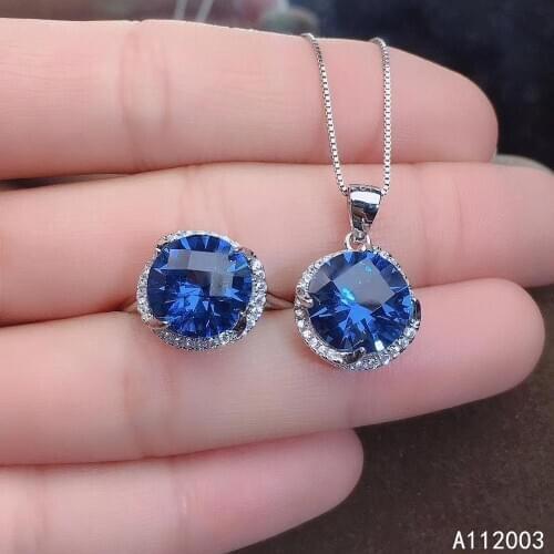 KJJEAXCMY Fine Jewelry 925 sterling silver inlaid natural blue topaz female ring pendant set trendy Support detection