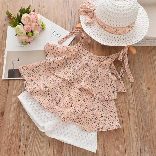 Girls Clothing Sets 2021 Summer New Kids Set Floral Chiffon Halter + Embroidered White Shorts Straw Hat Set 3PC Girls Clothes