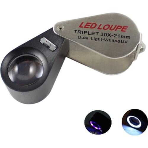 30X Metal Portable Folding Jewelry Magnifier Illuminated Magnifying Glass with LED UV Optical Glass Lens Diamond Banknote Tool