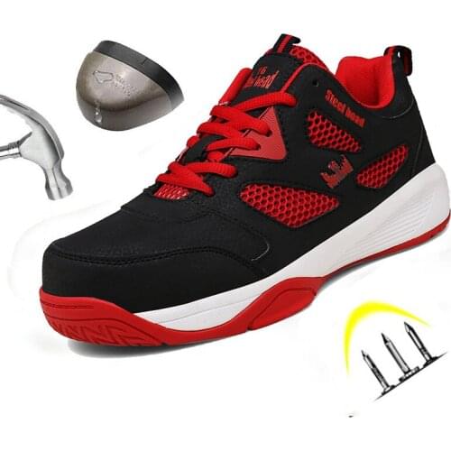 Safety Shoes Men Breathable Mesh Lace Up Rubber Sole Steel Toe Anti Smashing Puncture-resistant Indestructible Work Boots Male
