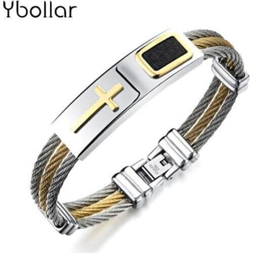 Mens Bracelet 3Rows Wire Line Chain Titanium Stainless Steel Bracelets Cable Bangles Punk Rock Cross Bracelet Jewelry