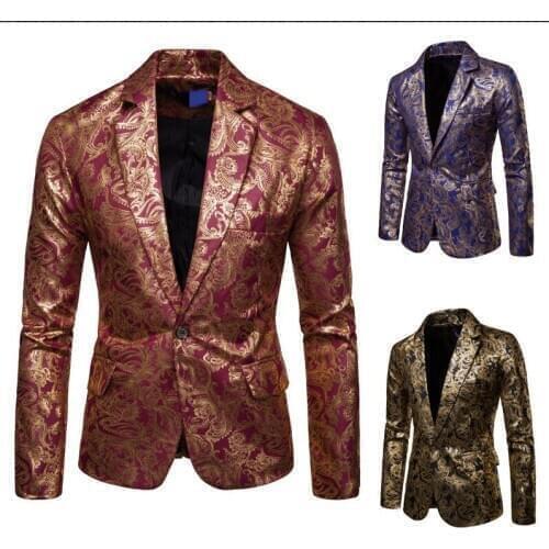 Mens Suit Autumn and Winter New Fashion Casual Ethnic Style Bronzing Floral Slim Suit Jacket
