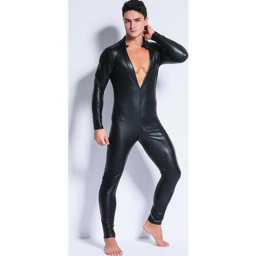 Man Wetlook Leather Latex Catsuit Bodysuit Black Shiny Erotic Lingerie Zentai Body Wear One Piece Jumpsuit Open Crotch Clubwear