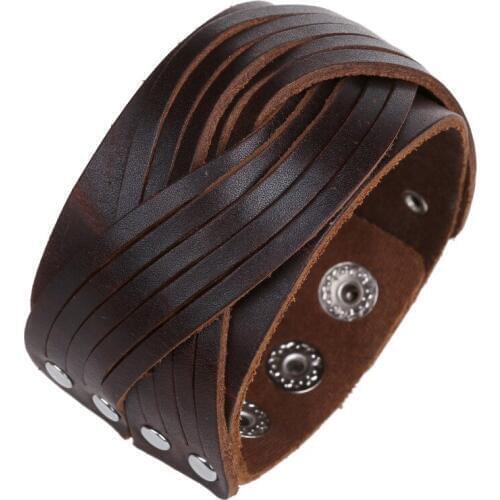 Boho Gypsy Hippie Hiphop Punk Brown Black Real Leather Button Lock Layers Knots Charm Wrap Braiding Big Wide Unisex Bracelet Man