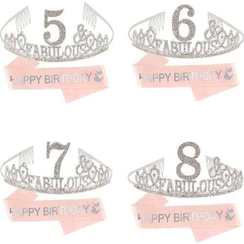 5 6 7 8 & Fabulous Crystal Crown Tiara Sash Set for Girls Happy Sweet 5th 6th 7th 8th Birthday Party Decoration Supplies Gifts