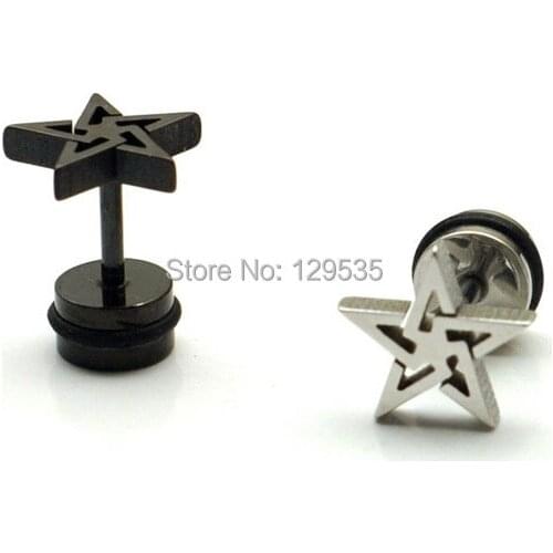 No fade Hollow Five-pointed star White Black titanium steel Punk Men Screw Back (pierced) stud earrings 2 colors