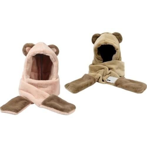 Hooded Gloves with Ear Protection in Fuzzy Bear Shape Great Gift for Kids Ear Protection in Cartoon Style for Wi