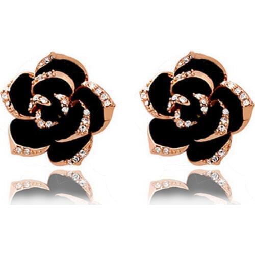 Ociki Cubic Zirconia Crystal Earrings Fashion Jewelry Rose Gold Color Black Rose Flower for Women Girls Gift Drop Shipping