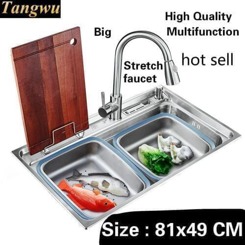 Free shipping Home high capacity big kitchen single trough sink stretch faucet wash vegetables 304 stainless steel 810x490 MM