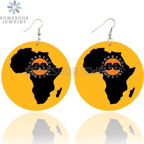 SOMESOOR Retro African Map Adinkra Symbol Printed Wooden Drop Earrings Yellow Bohemian Loops Dangle Jewelry For Women Gifts