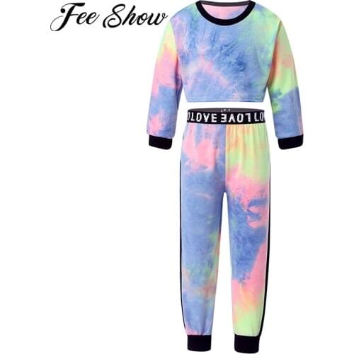 Colorful Kids Girls Casual Workout Tracksuits Sports Suit Tie Dye Print Round Neck Long Sleeve Cropped Top High Waist Pant Sets