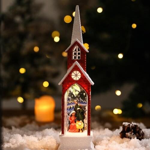 Christmas decoration wooden tower ornaments luminous church small castle crafts retro scene indoor home furnishings
