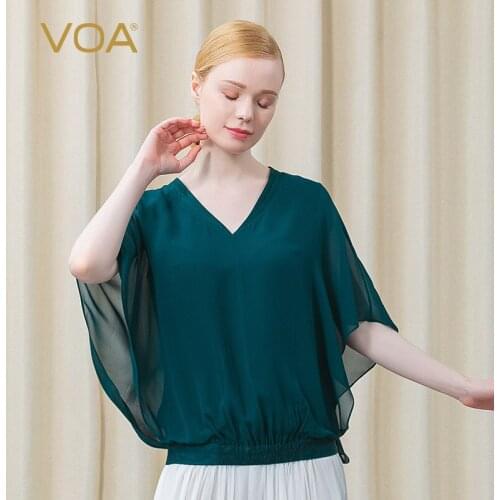 VOA Peacock Green Silk Jacquard Summer Tees BE621 V-Neck Batwing Sleeve Office Lady Tops Hem Elastic Tendon Loose Woman Tshirts