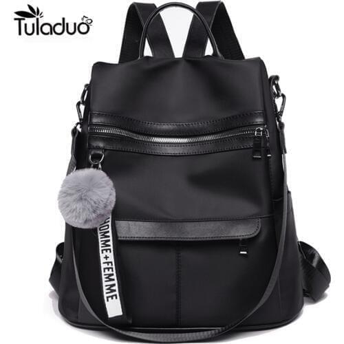 New fashion girl backpack waterproof anti-theft Nylon simple college wind bag youth Fashion Plush Ball Pendant Lady