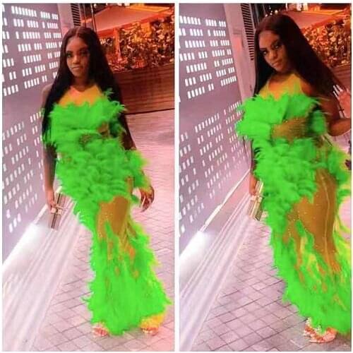 Sexy Rhinestones See Through Mesh Green Feathers Long Dress Women Evening Wedding Birthday Party Dresses Singer Stage Clothes