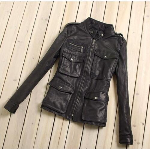 Factory Genuine Leather Jacket For Women 100% Real Seepskin Black Soft Slim Multiple Pockets Womens Leather Spring Autumn Coat