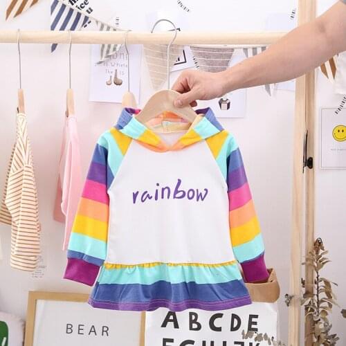 0-5 years baby girl clothes spring and autumn kids striped rainbow long-sleeved hooded dress casual cotton dress for baby girl