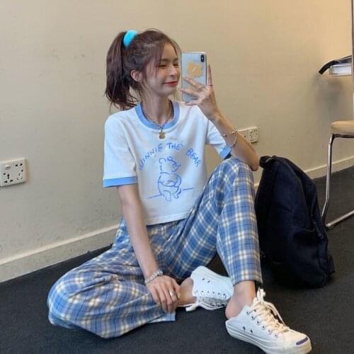 Womens wide leg pants Fashion women pants plus size black plaid retro harajuku students streetwear length female leg pants