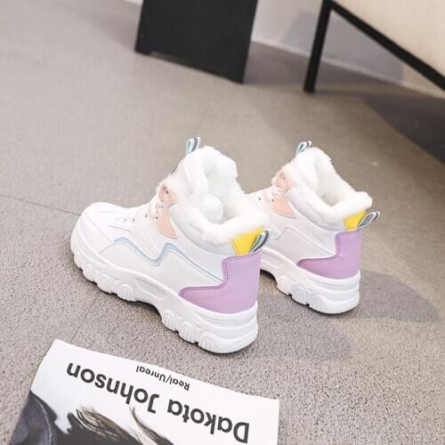 Womens Casual Sneakers Winter Trainers With Plush Fur Warm Ladies Shoes Female Outdoor Non-slip Snow Boots Student Cotton Shoes