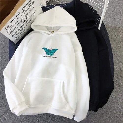 Oversized Hoodies Women White Black Blouses Bottoming Hooded Long Sleeve Tops Loose Butterfly Printed Sweatshirt Girl Pullover