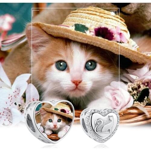 ELESHE Authentic 925 Sterling Silver Dazzling Crystal Pet Cat Charm Customize Photo Bead Fit Original Women Bracelet DIY Jewelry