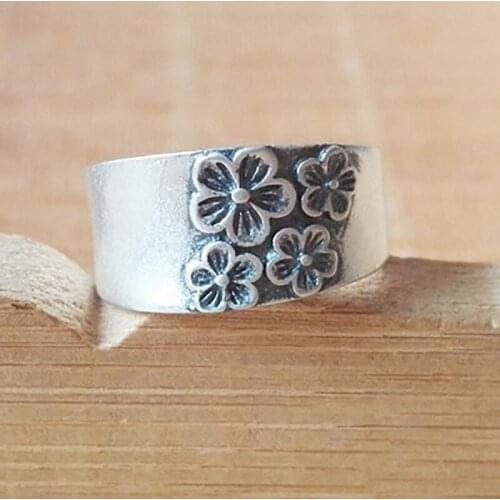 Silver embossed plum flower surface matte elegant fresh and lovely no mosaic opening adjustable women ring