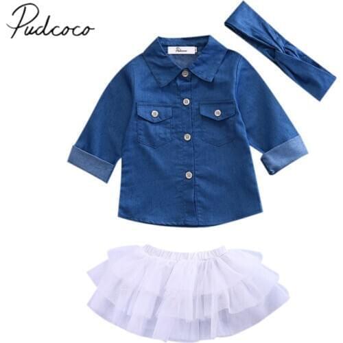 2017 Brand New 3PCS Toddler Kids Baby Girl Clothes Set Denim Tops T-shirt Tutu Skirt Headband Outfits Summer Children Set 0-5Y