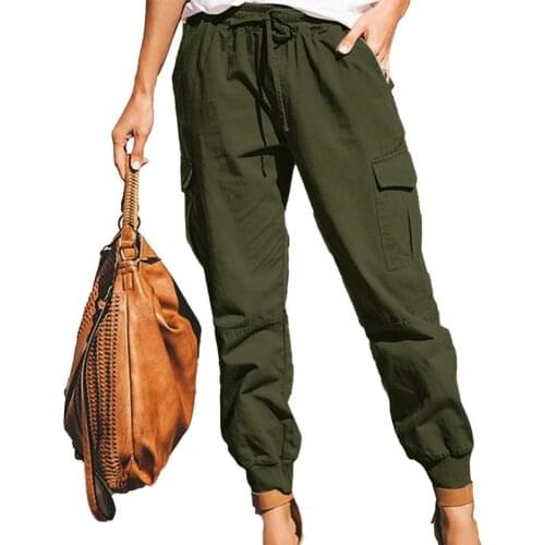 Summer Cargo Pants Women Casual Solid Color Drawstring Multi Pockets Ankle Tied Trousers Office Women Pants