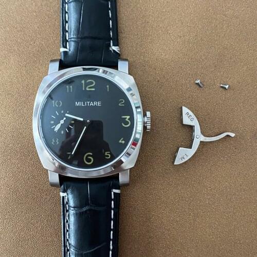 Watch 45mm with ST36 manual movement, green luminous mineral glass 1950, black dial, stainless steel case, leather strap